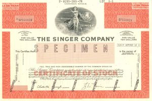 Singer Co. - Specimen Stock Certificate